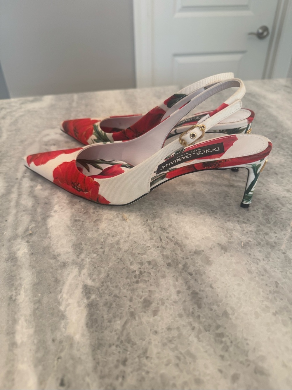 Dolce & Gabbana White Slingback Heels with Red Poppy Print - Picture 3 of 8